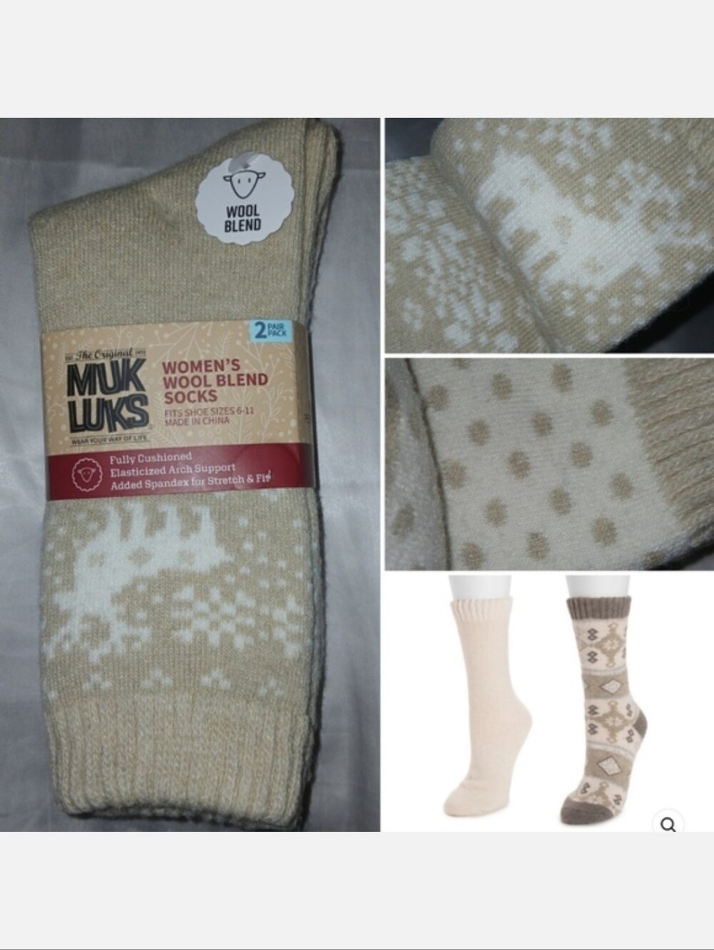 2 Pairs! Muk Luks Wool Blend Crew Socks Arch Support, Polka Dot Reindeer Neutral